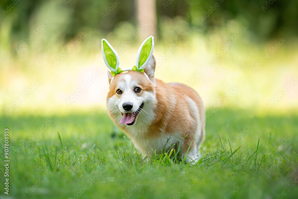 Beautiful purebred Pembroke Welsh Corgi dog with bunny ear headband posing outdoor, blurred and calm green background, summer colors. Close up pet portrait in high quality. Beautiful purebred Pembroke Welsh Corgi dog with bunny ear headband posing outdoor, blurred and calm green background, summer colors. Close up pet portrait in high quality.