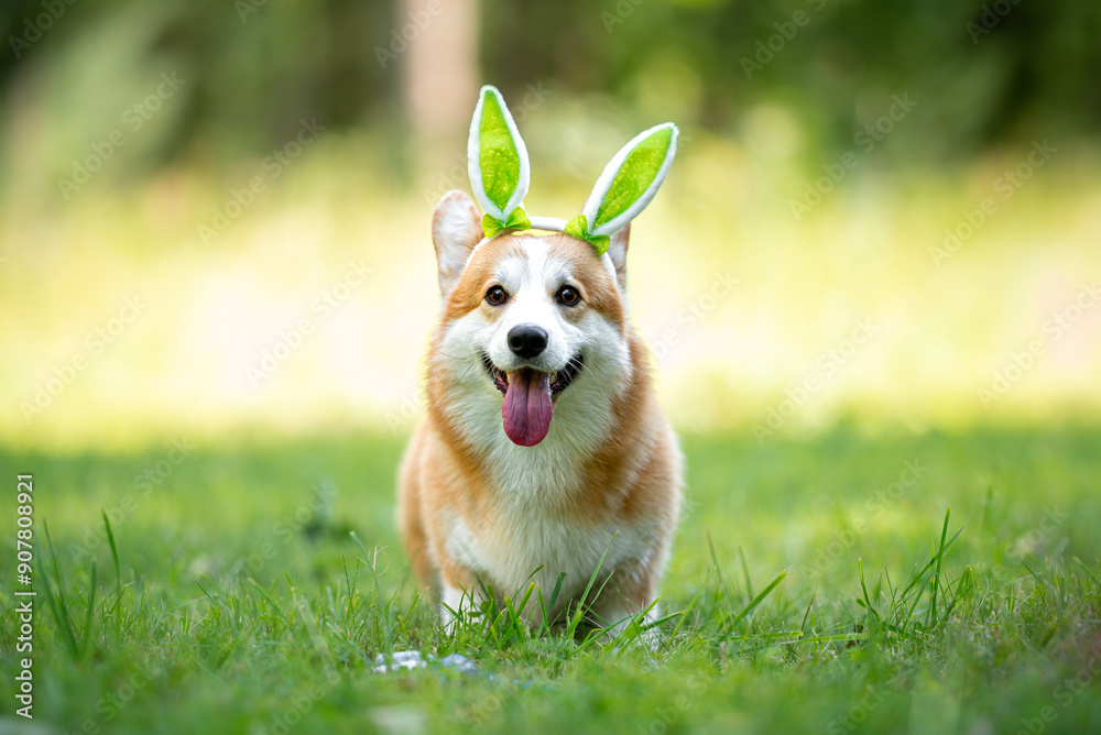 Beautiful purebred Pembroke Welsh Corgi dog with bunny ear headband posing outdoor, blurred and calm green background, summer colors. Close up pet portrait in high quality. Beautiful purebred Pembroke Welsh Corgi dog with bunny ear headband posing outdoor, blurred and calm green background, summer colors. Close up pet portrait in high quality.