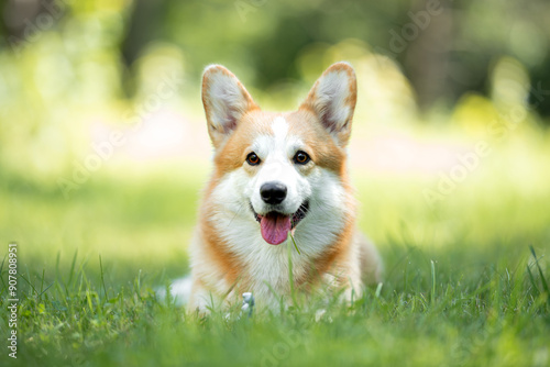 Beautiful purebred Pembroke Welsh Corgi dog posing outdoor, blurred and calm green background, summer colors. Close up pet portrait in high quality.