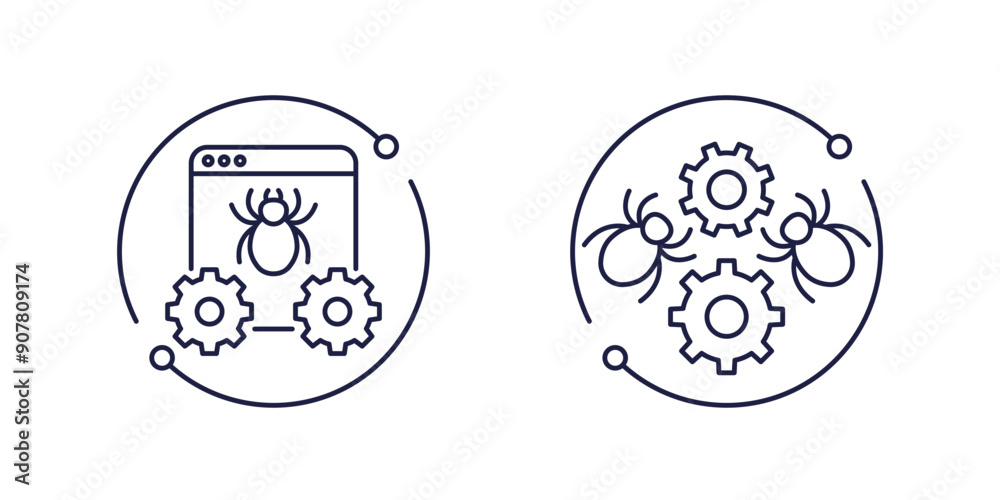 computer bugs and debugging line icons, vector