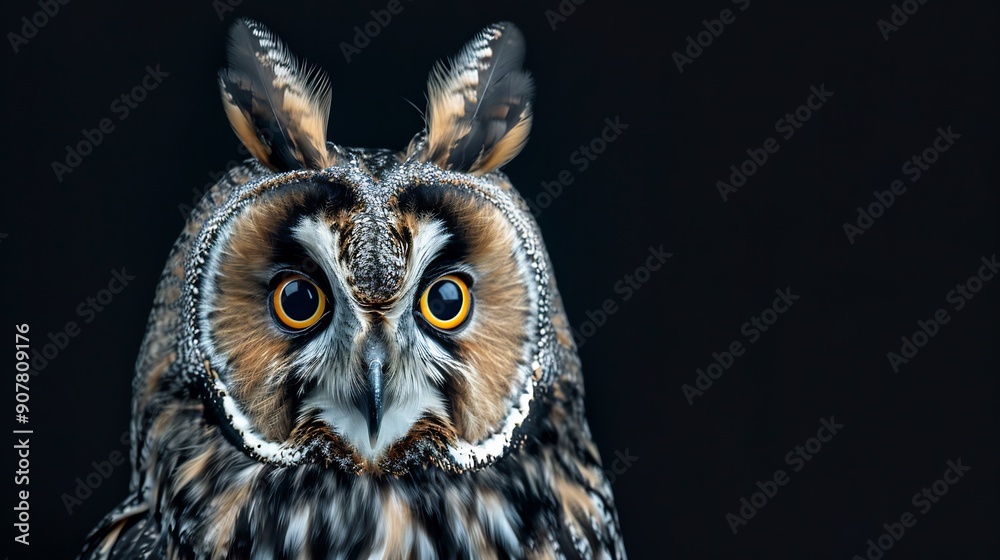 Obraz premium Scary long-eared owl isolated on black background