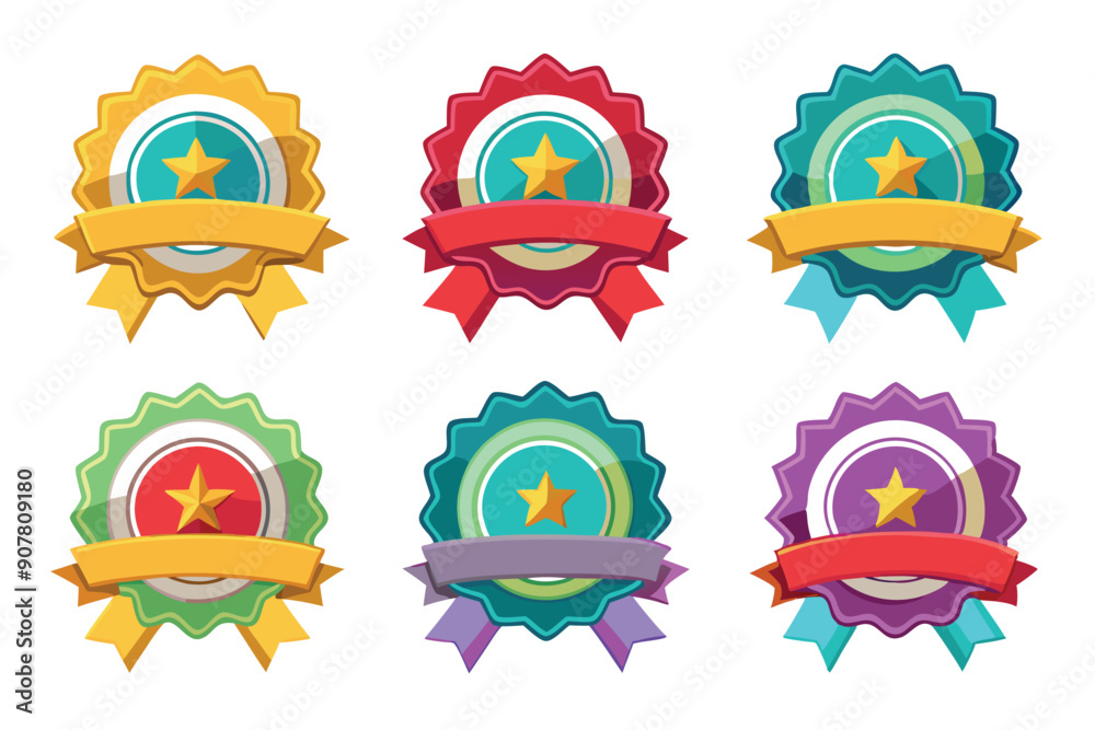Six Colorful Award Badges with Gold Stars and Ribbons Six Colorful Award Badges with Gold Stars and Ribbons