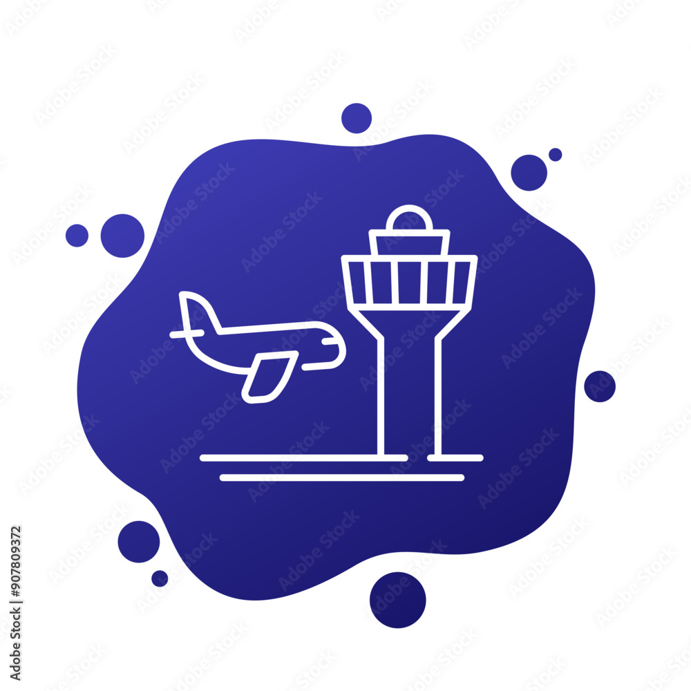 airport icon with plane and control tower, line vector airport icon with plane and control tower, line vector