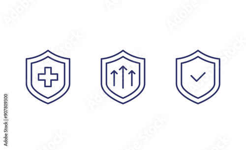 immune system line icons with shields, antibacterial protection and health