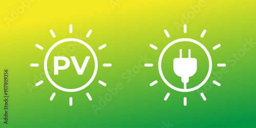 Solar PV panels icons with a sun and electric plug, vector