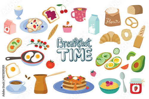 Breakfast time collection with different elements, food and drinks isolated on white background
