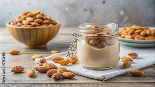 nut butter in a glass jar on the table on the background of a white kitchen, almond, urbech, chocolate, healthy eating, shell, food, meal, nutritious, creamy, sweet, dessert photo