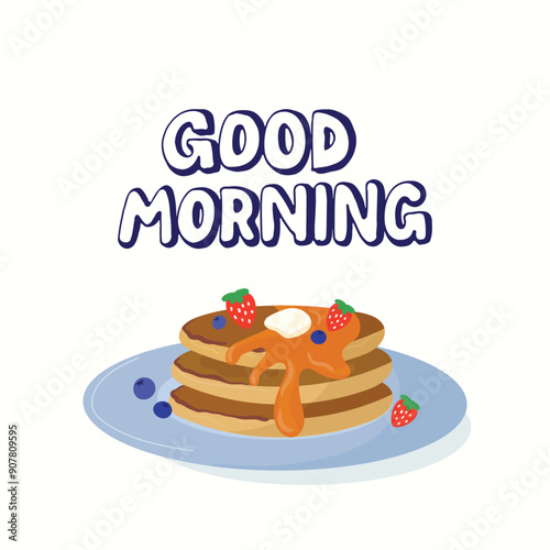 Breakfast menu with pancakes and fruits, vector design isolated on white background