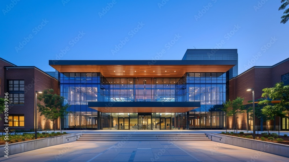 Modern Building Entrance with Glass Facade and Brick Walls. Modern Building Entrance with Glass Facade and Brick Walls.