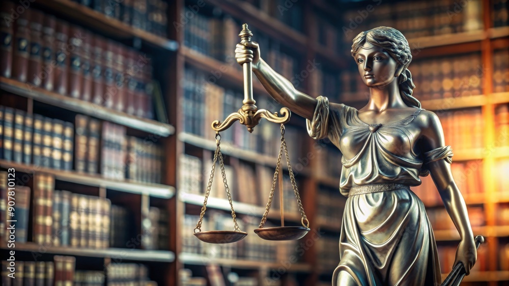 Statue of Justice holding scales and sword in library setting, justice, scales, sword, law, legal, blindfolded, balance, equality Statue of Justice holding scales and sword in library setting, justice, scales, sword, law, legal, blindfolded, balance, equality