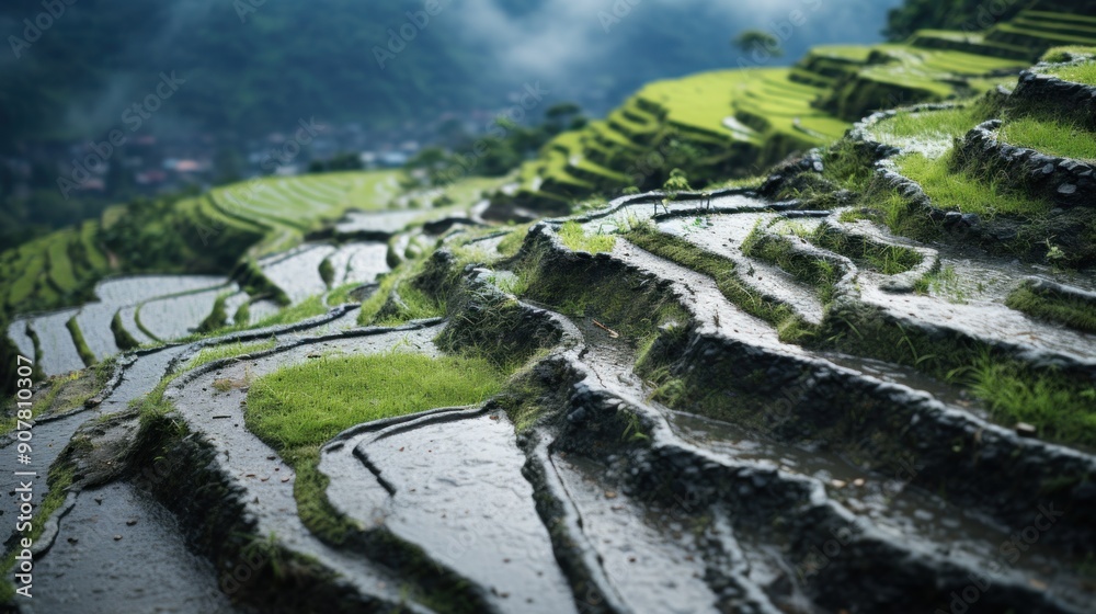Naklejka premium A close-up shot of a single terraced rice paddy, capturing the intricate details of the water droplets, the delicate rice plants, and the weathered stones that form the terraces.