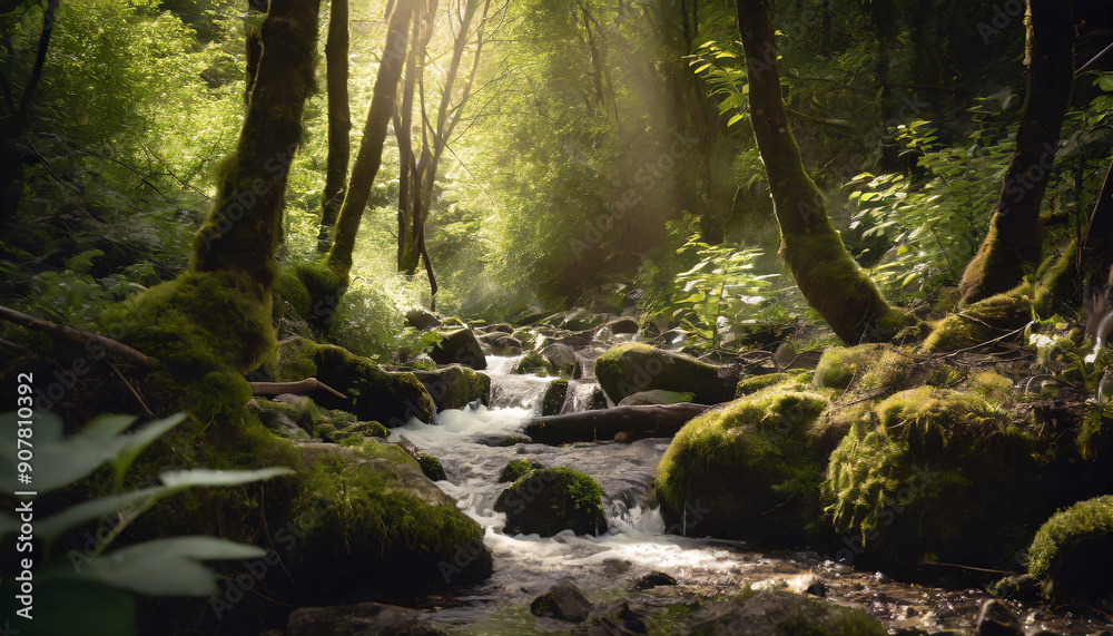 Green forest scene and flowing stream. Beautiful landscape. Nature beauty and outdoors exploration Green forest scene and flowing stream. Beautiful landscape. Nature beauty and outdoors exploration