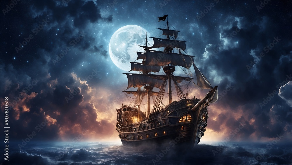 Fototapeta premium Pirate ship flying in the night sky