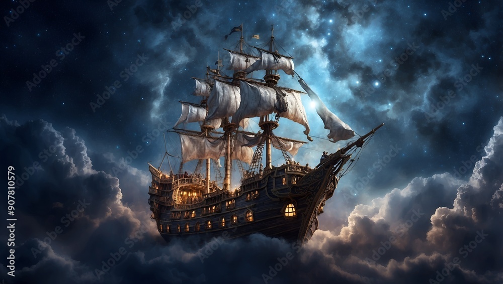 Fototapeta premium Pirate ship flying in the night sky