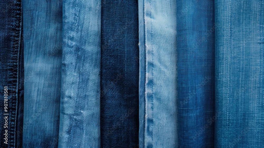 A close-up shot of different denim washes, from light blue to dark indigo