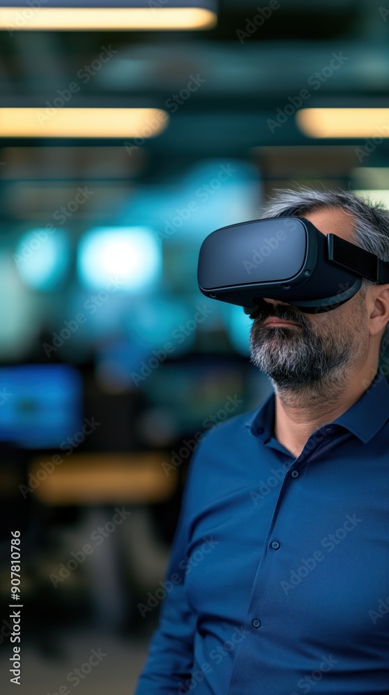 Manager overseeing a high-tech office with virtual reality collaboration, office scale technology, highlighting advanced communication tools. Manager overseeing a high-tech office with virtual reality collaboration, office scale technology, highlighting advanced communication tools.