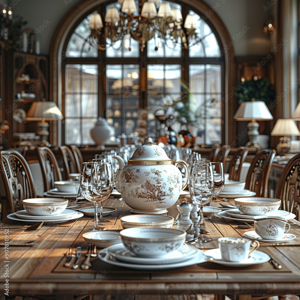 Elegant Table Setting with Fine China and Teapot Elegant Table Setting with Fine China and Teapot