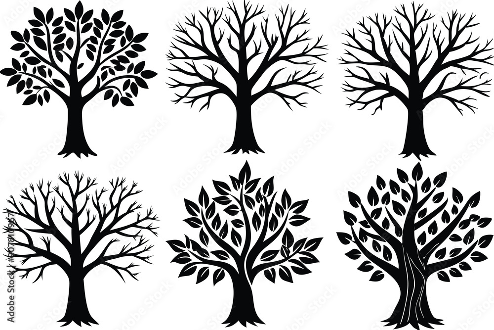 Obraz premium Six Black Silhouettes of Trees with Variations in Foliage