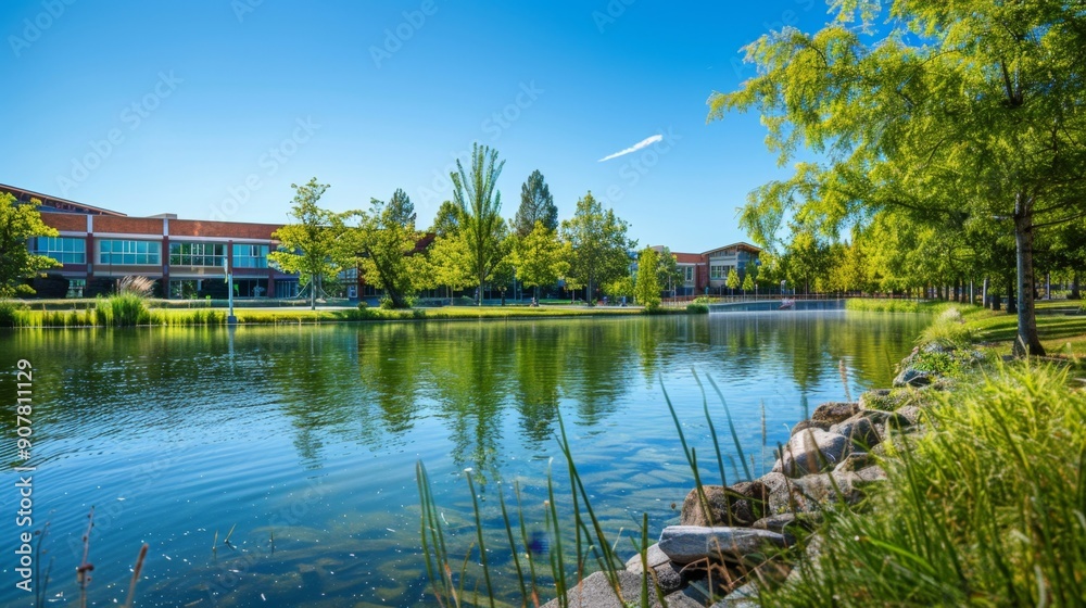 Fototapeta premium Tranquil Pond with Green Trees and Buildings in the Background.