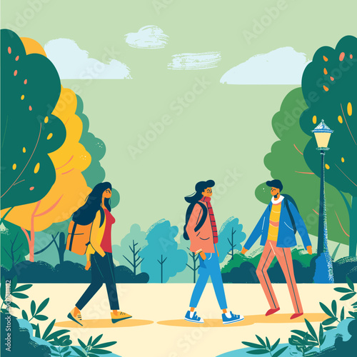 Two young adults walking through park wearing casual clothes. Characters enjoying stroll among trees, nature environment, daylight. Animated people autumn park scene, colorful foliage, lamppost