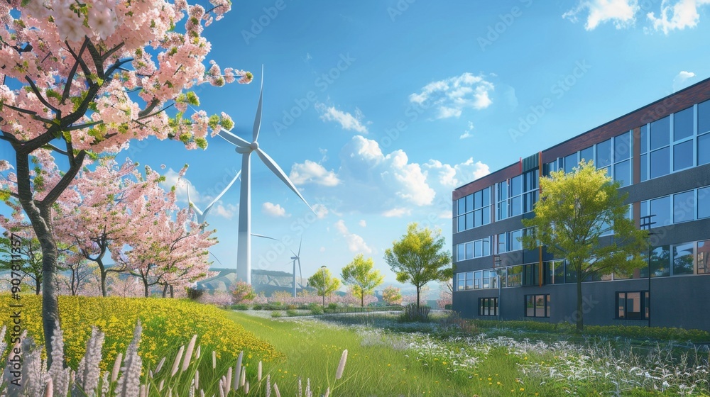 Modern Building with Wind Turbines and Cherry Blossoms. Modern Building with Wind Turbines and Cherry Blossoms.