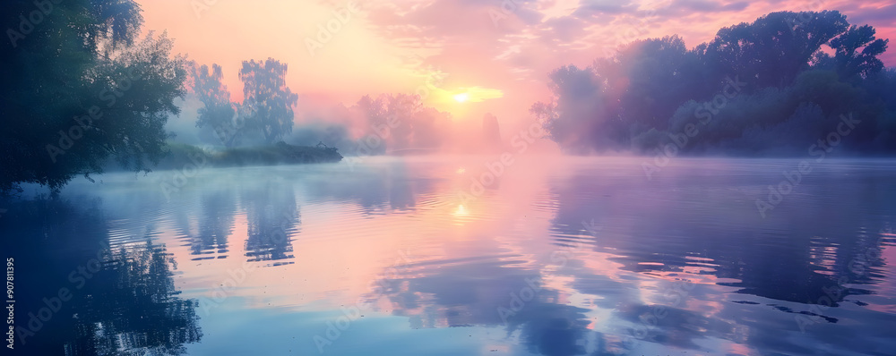 Obraz premium Misty Sunrise Over Still Water - Realistic Landscape Illustration