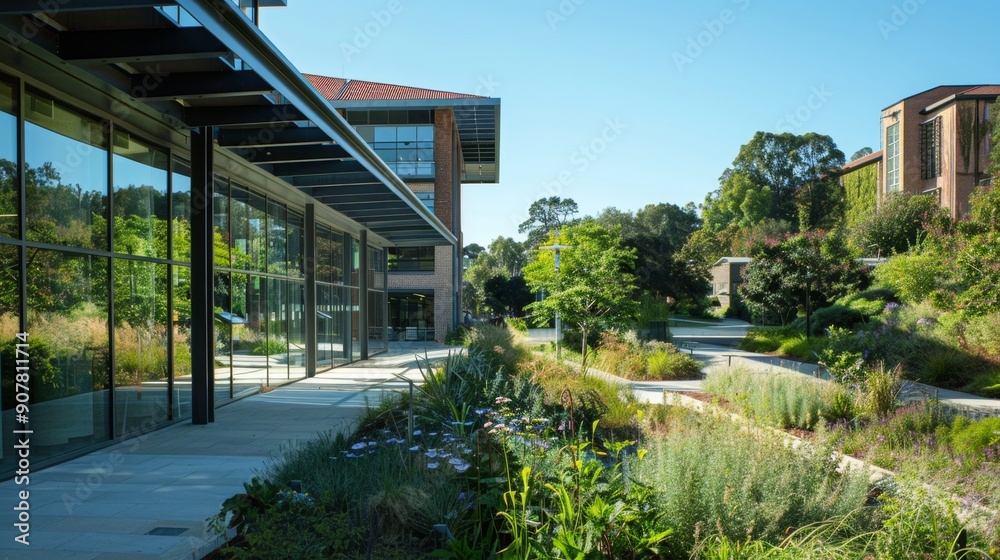 Modern Building With Greenery And Walkway. Modern Building With Greenery And Walkway.