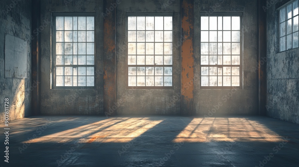 A large room with three windows and a wall with a sign on it A large room with three windows and a wall with a sign on it