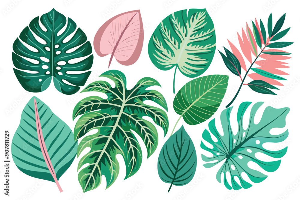 Collection of Diverse Green and Pink Tropical Leaves Collection of Diverse Green and Pink Tropical Leaves