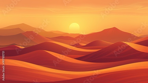 Beautiful sunset over desert dunes, with rolling red sand hills and a warm golden sky, evoking a sense of peace and natural wonder. © prabhada
