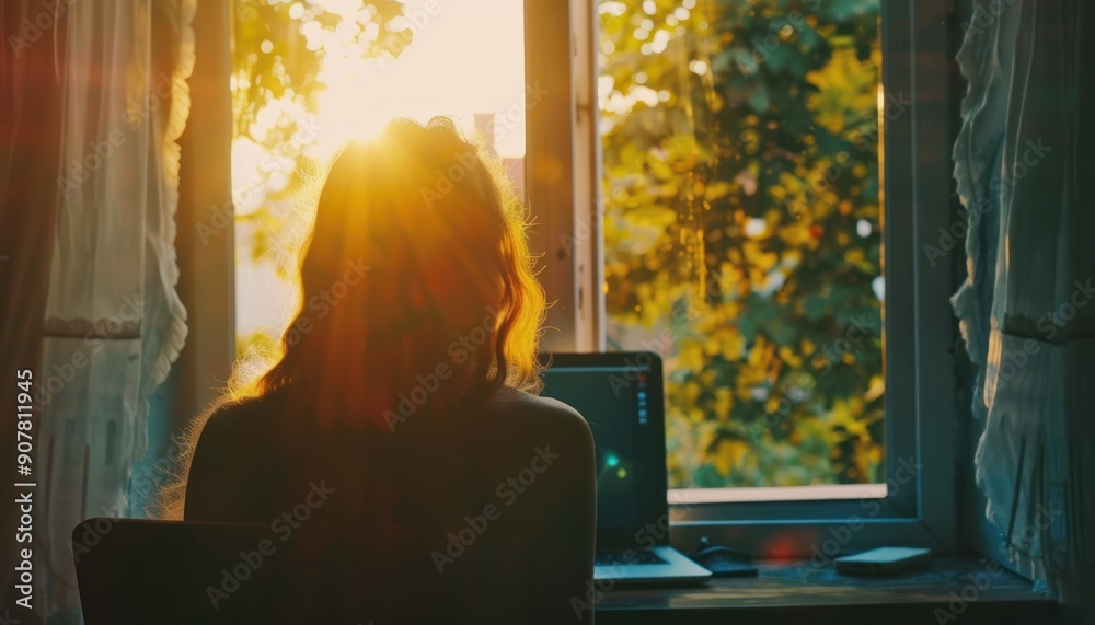 Woman Silhouetted by Sun Through Window While Using Laptop