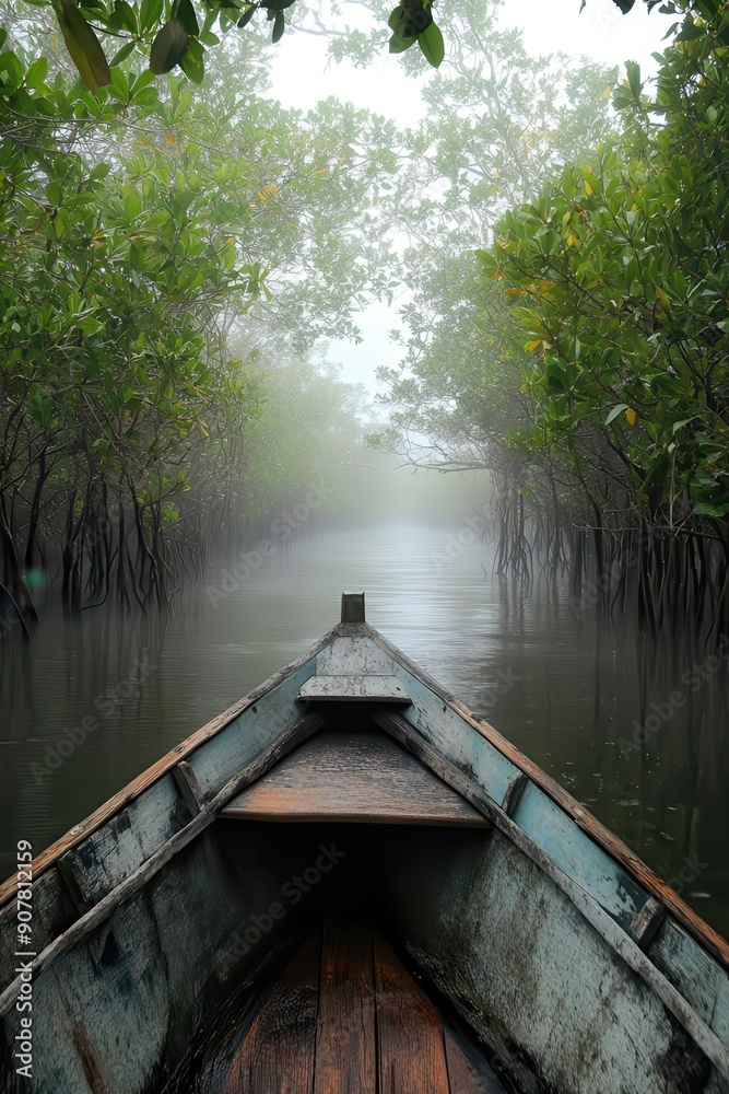 Fototapeta premium Rowboat Journey Through a Misty Forest.
