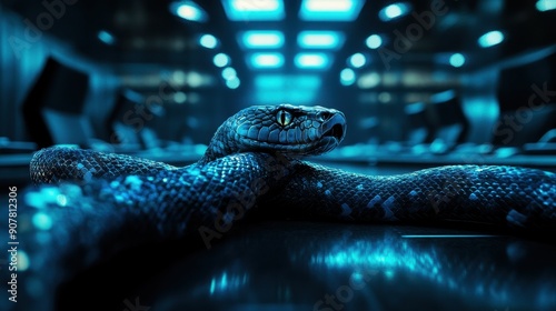 A tie transforming into a slithering snake during a meeting, with a futuristic conference room background photo