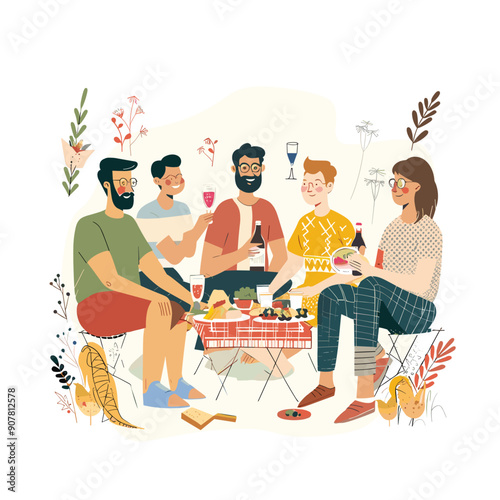 Five friends enjoying picnic outdoors, cheerful group sitting table food, wine. Young adults toast friendship, summer picnic scene, nature outing. Cartoon characters share meal, happy gathering