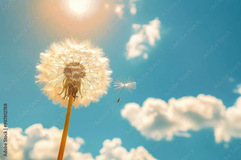 Fototapeta premium Dandelion seed head with blue sky. Perfect for representing new beginnings or the cycle of life.