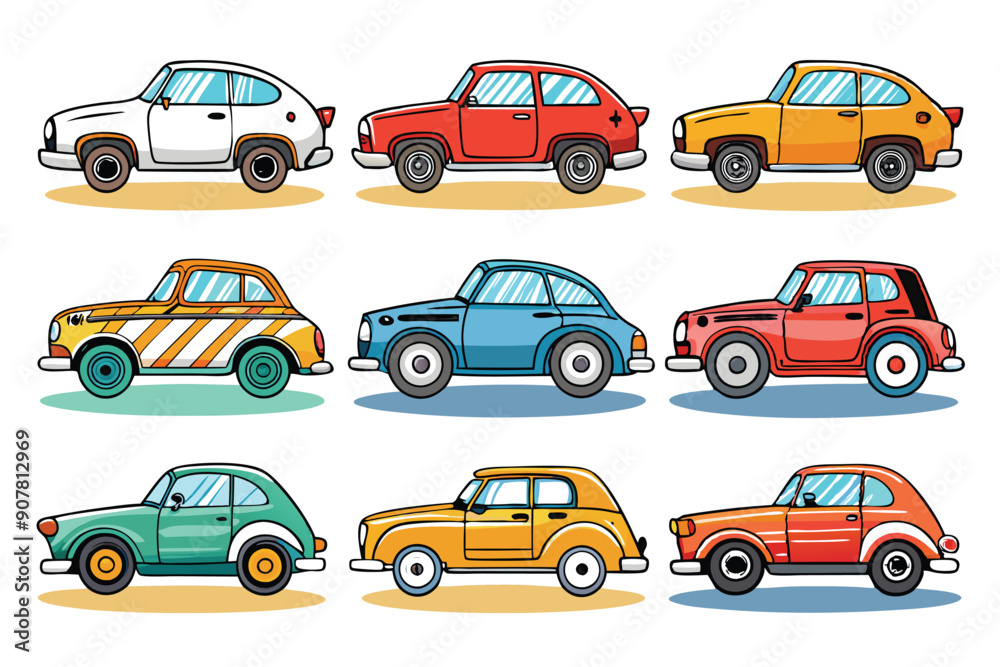 Nine Cartoon Cars in Various Colors and Designs Nine Cartoon Cars in Various Colors and Designs