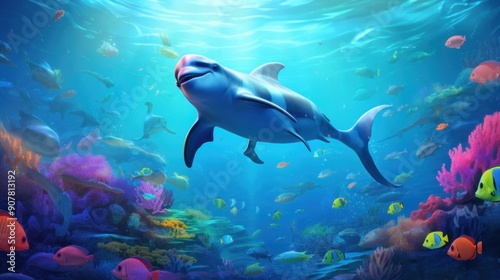 A dolphin swimming alongside a school of colorful fish, creating a vibrant underwater scene