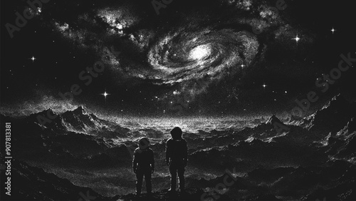 Two astronauts on the edge of a cliff admire the breathtaking space landscape. Deep space science fiction background in stippling style. Dotwork. Pointillism. Shading using dots. Vector illustration