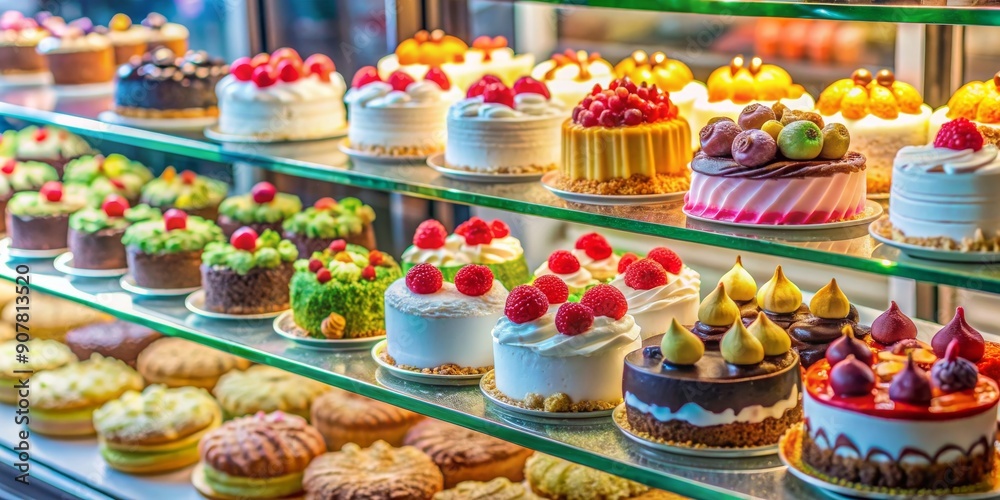 Colorful and inviting bakery cake display with delicious and decorated cakes , bakery, cakes, sweets, celebration Colorful and inviting bakery cake display with delicious and decorated cakes , bakery, cakes, sweets, celebration