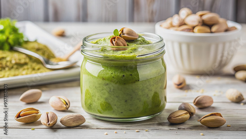 green pistachio paste or pesto in a glass jar on the table on the background of a white stylish kitchen, urbech, nuts, healthy eating, dessert, recipe, cooking, food photo, nutrition, shell, nut, core photo