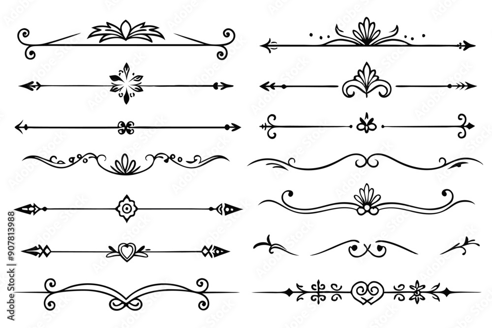 Set of Hand-Drawn Ornamental Dividers with Arrows and Floral Motifs Set of Hand-Drawn Ornamental Dividers with Arrows and Floral Motifs