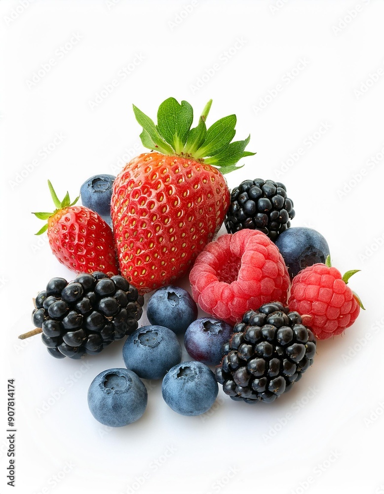 Lebhafte Sammlung reifer Beeren, einschließlich Erdbeeren, Brombeeren, Himbeeren und Heidelbeeren, isoliert in weißen Hintergrund Lebhafte Sammlung reifer Beeren, einschließlich Erdbeeren, Brombeeren, Himbeeren und Heidelbeeren, isoliert in weißen Hintergrund