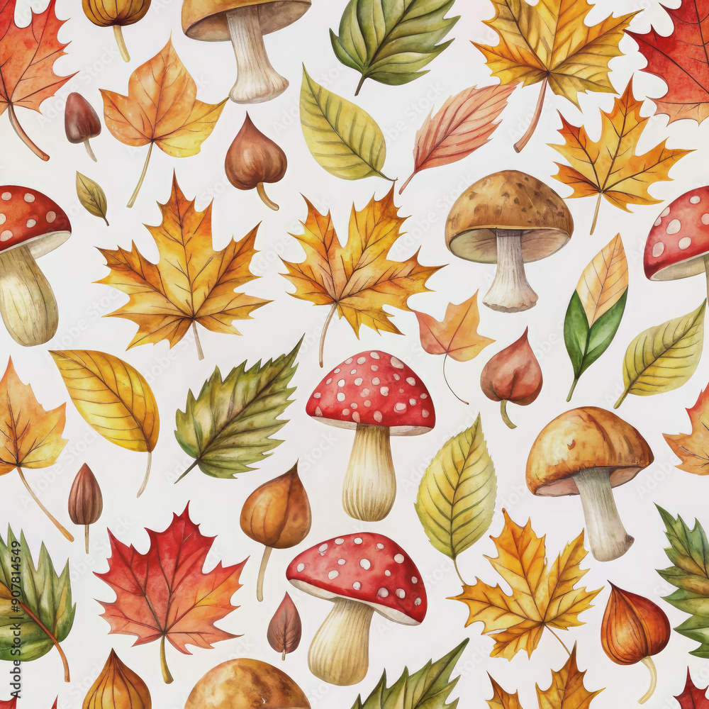 seamless pattern of autumn leaves and mushrooms, watercolor illustration, fall, layout, white background, wallpaper, ornament, season, seasonal decor, decorative, postcard, maple, trees, fly agaric seamless pattern of autumn leaves and mushrooms, watercolor illustration, fall, layout, white background, wallpaper, ornament, season, seasonal decor, decorative, postcard, maple, trees, fly agaric