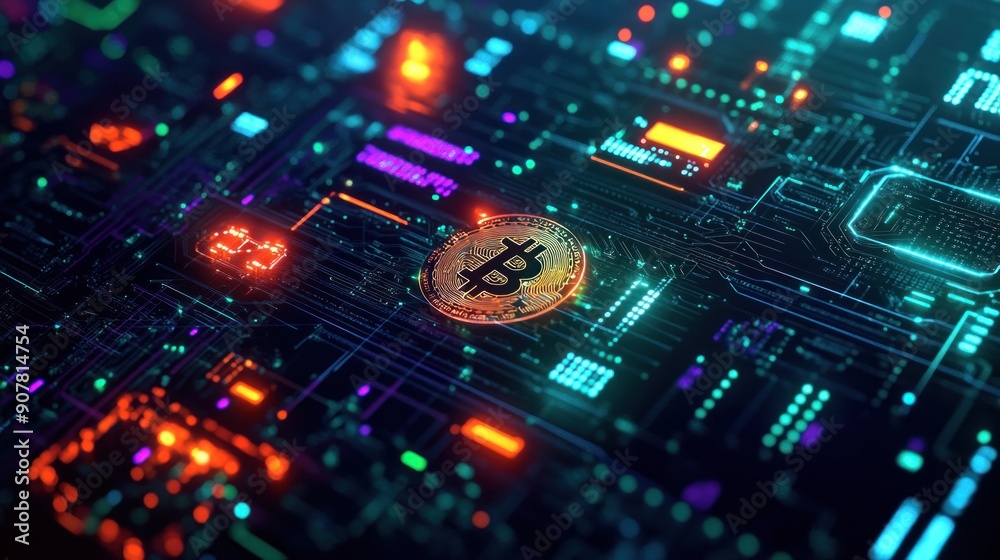 Obraz premium Bitcoin on a Circuit Board