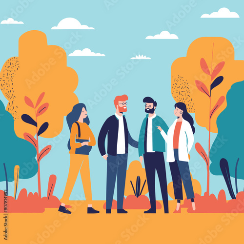 Four colleagues walking together outdoors, enjoying conversation park setting. Two men two women dressed smart casual office attire, engaging amidst colorful autumn trees. Young professionals