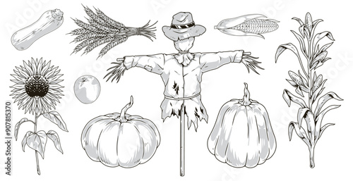 Autumn harvest set emblems monochrome