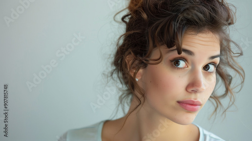 Young brunette with disgusted sideways look on light background photo