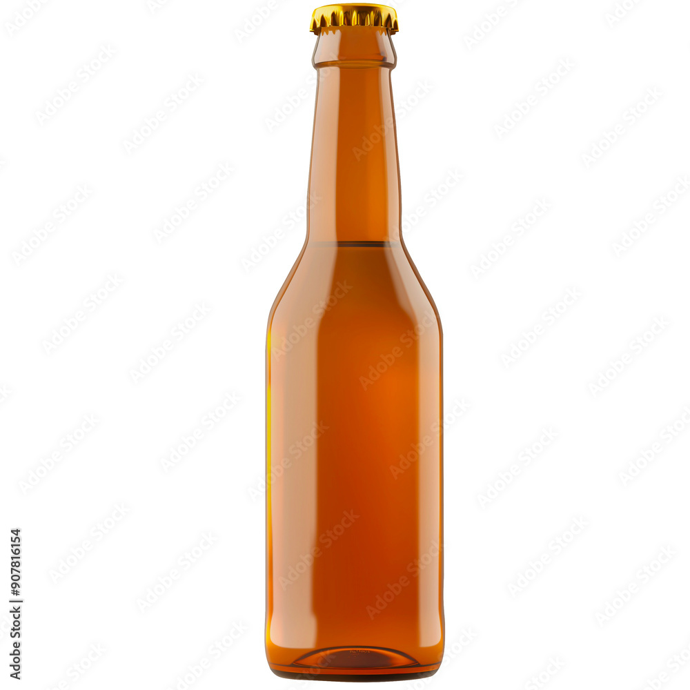 Amber Glass Beer Bottle with Cap Isolated on White Background.