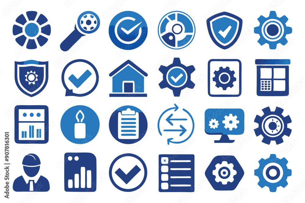 Blue and White Icon Set for Process, Development, and Security Blue and White Icon Set for Process, Development, and Security