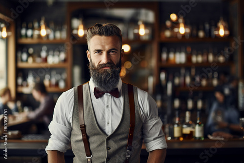 Classic bar pub with professional bartender barkeeper barman, Generative AI illustration photo